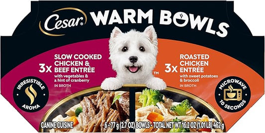 Cesar Warm Bowls Wet Dog Food Variety Pack: Chicken & Beef; and Chicken Entrées, 2.7 oz Trays (6 Count, Pack of 1)
