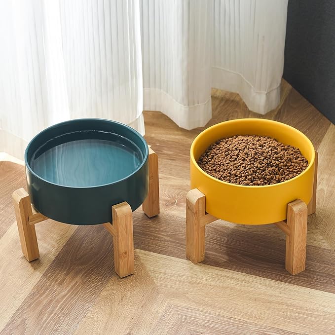 8'' Ceramic Raised Dog Bowl - 70Oz Dog Food & Water Bowl with Elevated Non-Slip Bamboo Stand, Dishwasher & Microwave Safe, Anti Vomiting Heavy Duty Pet Bowl for Medium and Large Dogs, Green