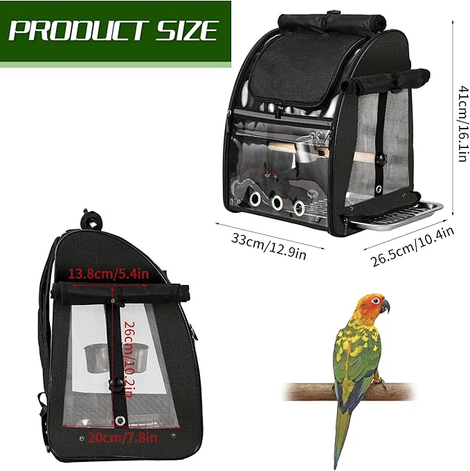 SUERTREE Bird Carrier Bag with Indestructible Stainless Steel Mesh, Bird Travel Cage with Stand, Easy to Clean Backpack for Parrot, Portable Bird Travel Bag, Pet Breathable Travel Cage, Black