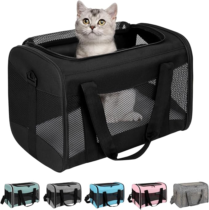 Cat Carrying Case - Pet Carrier Airline Approved, Protable and Breathable Pet Travel Carrier Removable Fleece Pad, Collapsible Cat Carrier Dog Carrier for Medium Cats Small Cats Dogs(Medium, Black)