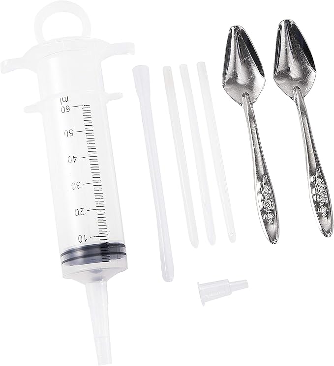 60ML Baby Bird Parrot Feeding Tubes, Liquid Medicine Feeder Push-Tube Pet Cat Dog Feeder with 2 Pcs Stainless Steel Metal Feeding Spoon