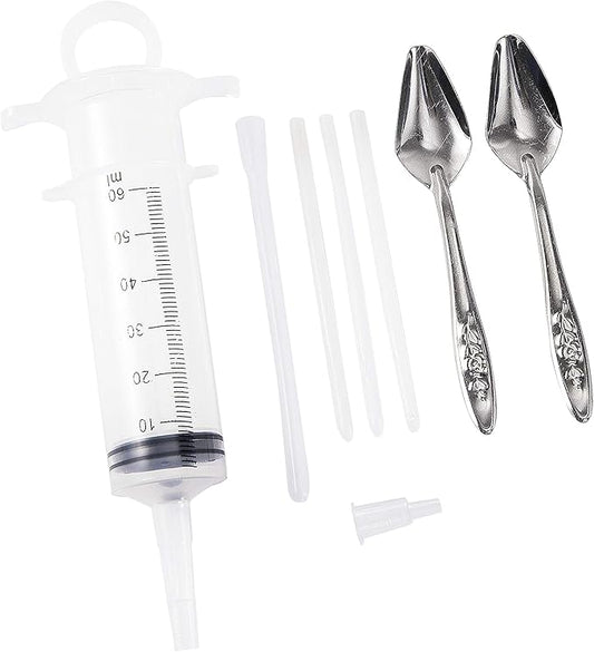 60ML Baby Bird Parrot Feeding Tubes, Liquid Medicine Feeder Push-Tube Pet Cat Dog Feeder with 2 Pcs Stainless Steel Metal Feeding Spoon