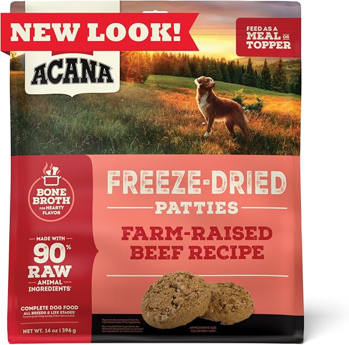 ACANA Grain-Free High Protein Freeze Dried Dog Food & Topper Ranch-Raised Beef Recipe Patties 14oz Bag