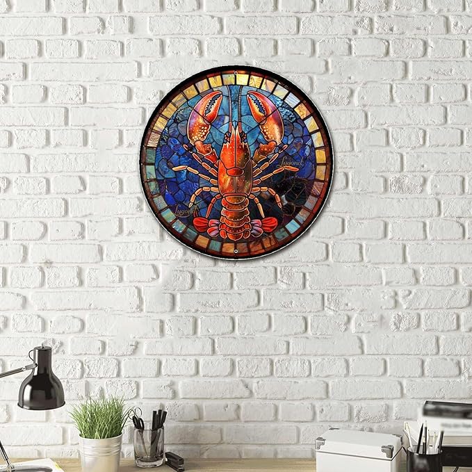 Lygond Metal Sign Tin Sign Circular Stained Glass Lobster Gardening Decor Gift for Garage 12×12 Inches
