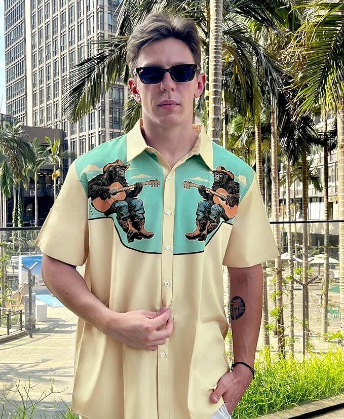 Men’s Hawaiian Shirt Western Cowboy Symmetrical Print Short Sleeve Button Down Casual Beach Holiday Summer Shirt