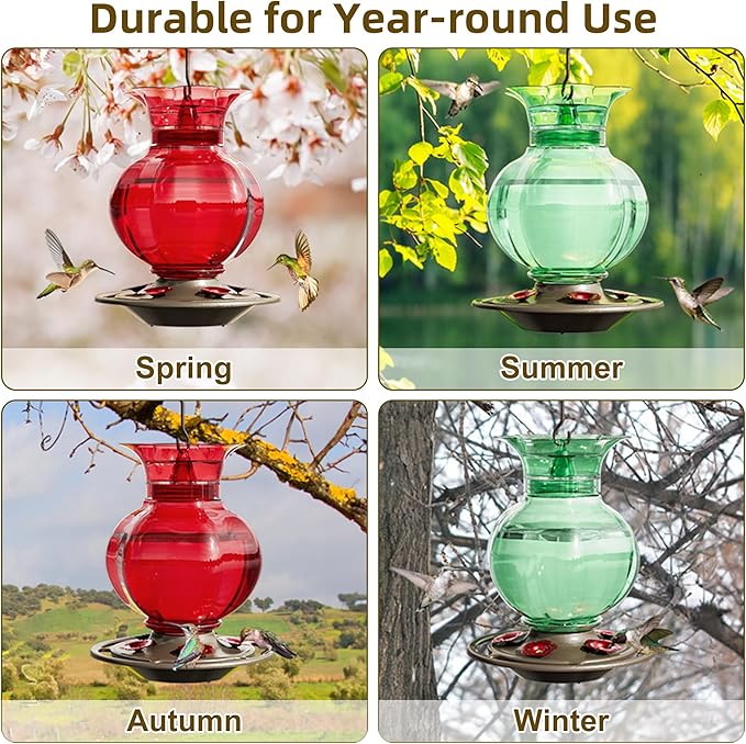 Auslar Hummingbird Feeder, Red Glass Hummingbird Feeders for Outdoors Hanging with Ant Moat, 5 Simulation Flowers Feeding Ports, 23 Ounces, Rustproof, Fade Proof, Pomegranate Shape, 2 Pack