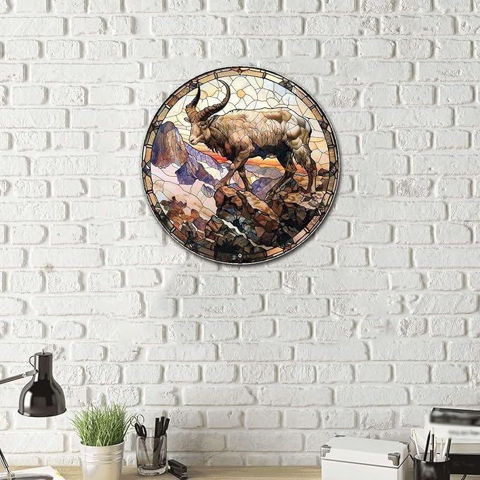 Lygond Metal Sign Tin Sign Circular Stained Glass Mountain Goat Vintage Sign For Club 8×8 Inches