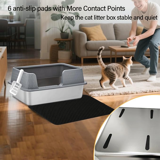 Stainless Steel Litter Box with Lid Cover Mats Scooper, Kitten Litter Box Low Entry, Suitable for Small Space Senior Cats, Side Entry, Grey Enclosure