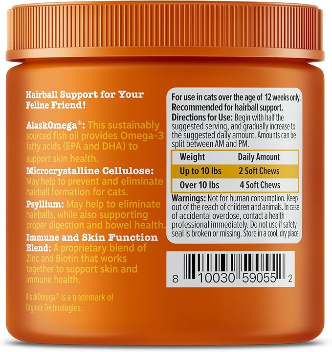 Zesty Paws Hairball Bites for Cats - Cat Furball Support - Functional Supplement with Omega 3 Fish Oil EPA & DHA + Zinc, Biotin & Psyllium Husk - Supports Gut & Skin Health - 60 Count