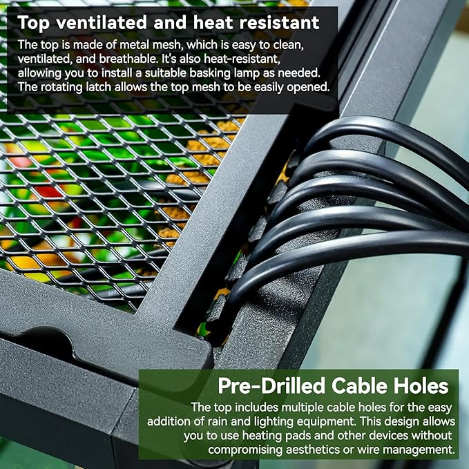 24x18x18'' Glass Reptile Tank Front Opening Terrarium Suitable for Leopard Geckos, Snakes, Tree Frogs, Chameleons,Watertight Base, Ventilated Metal Mesh Top, Pre-Drilled Cable Holes