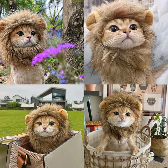 Cat Halloween Costumes - Lion Mane Wig for Cats & Puppies, Adjustable Pet Cosplay Apparel Kitten Outfits for Halloween Christmas Cat Birthday Party (Grey)
