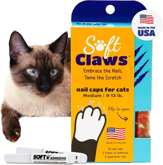 Soft Claws Cat Nail Caps for Medium Cats – (40 Caps, Red & Gold) - Made in USA - Veterinarian-Developed | Protects Furniture & Skin - Easy to Apply, Long-Lasting Anti-Scratch Soft Cat Claw Covers