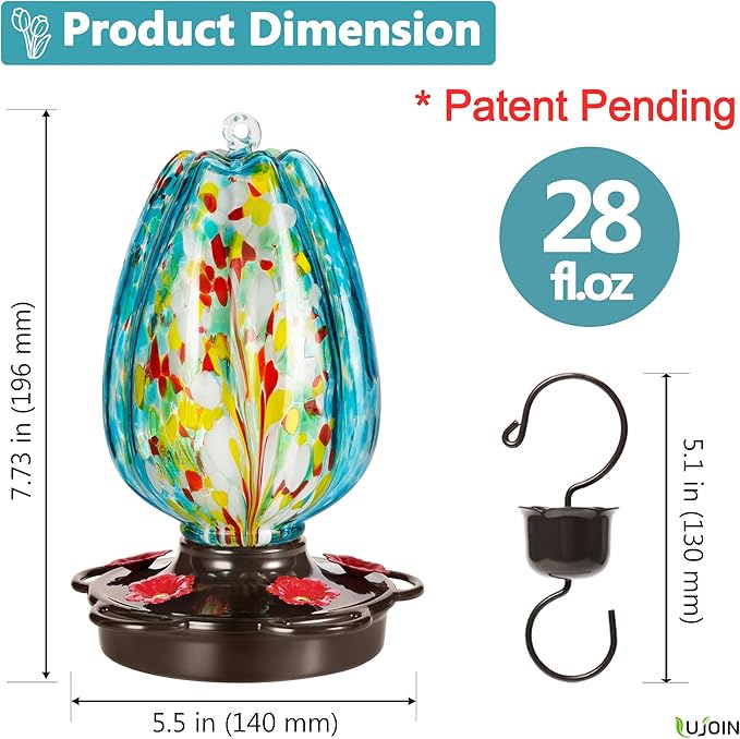 Tulip Shaped Hummingbird Feeder for Outdoors, Hand Blown Glass, 28 fl.oz, Leak Proof & Rustproof, Includes an Ant Moat, Metal Cover with 5 Feeding Ports & 5 Perches, Blue