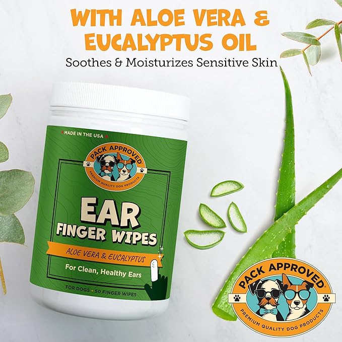 Finger Ear Wipes for Dogs with Aloe Vera and Eucalyptus - Convenient, Extra-Coverage, and Large Design Dog Ear Cleaning Wipes - Removes Wax and Freshens Ears - 50 Wipes