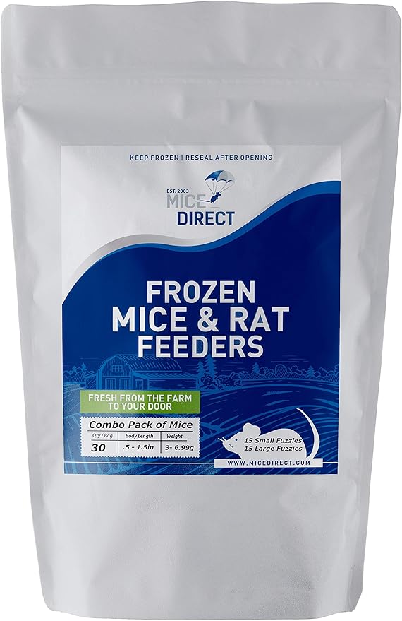 MiceDirect EST. 2003 30 Frozen Mice Combo Pack of 15 Small Fuzzies and 15 Fuzzies Feeders Snake Food for Corn Snakes Ball Pythons Lizards (.5-1.5 in)(105 Grams Min)