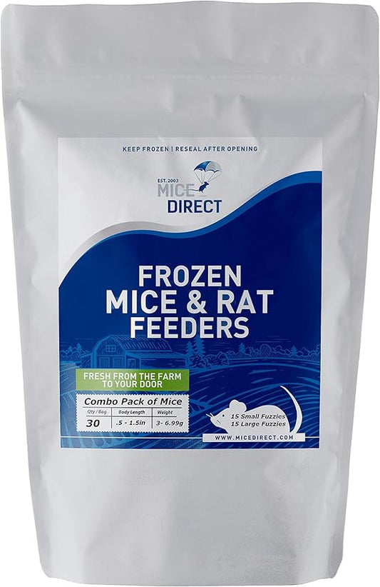 MiceDirect EST. 2003 30 Frozen Mice Combo Pack of 15 Small Fuzzies and 15 Fuzzies Feeders Snake Food for Corn Snakes Ball Pythons Lizards (.5-1.5 in)(105 Grams Min)