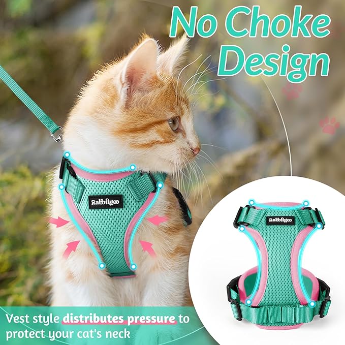 rabbitgoo Cat Harness and Leash for Walking, Escape Proof Soft Adjustable Vest Harnesses for Cats, Easy Control Breathable Reflective Strips Jacket, Pink&Light Green, XXS
