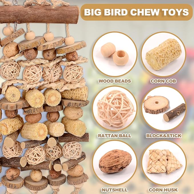 Extra Large Bird Macaw Chew Toys for Pets - Natural Wood - Heavy Duty Foraging and Destructive Play for Large Parrots - Bird Cage Accessories - for Macaw, Cockatoo, African Grey, Amazon Parrots
