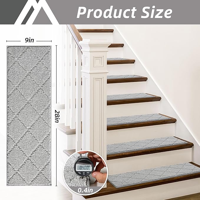 COSY HOMEER Edging Stair Treads Non-Slip Carpet Mat 28inX9in Indoor Stair Runners for Wooden Steps, Edging Stair Rugs for Kids and Dogs, 100% Polyester TPE Backing (15pc, Grey)