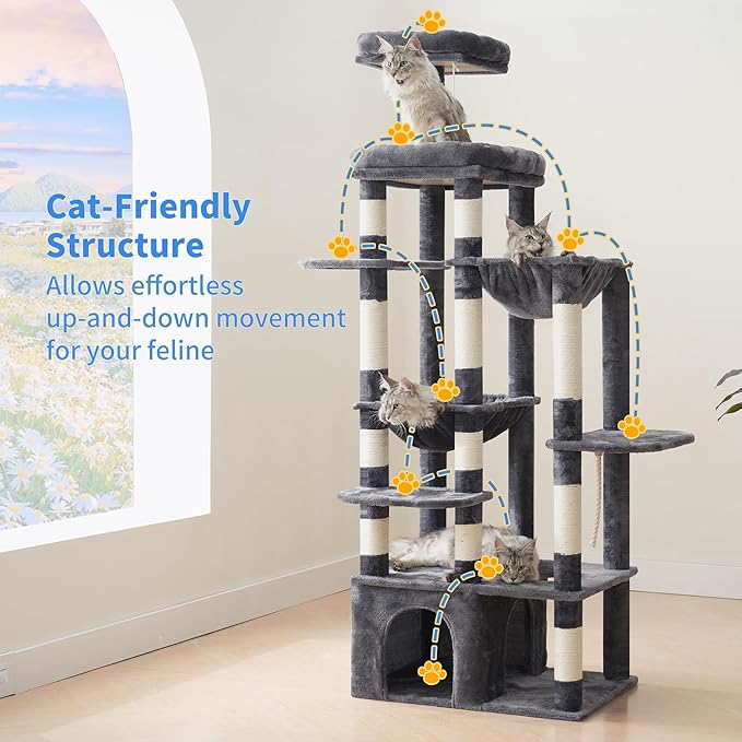 Heybly Heavy Duty Cat Tree, 71-Inch Tall Tower for Large Maine Coon with Extra-Large Baseboard, Cat Condo Furniture with Multi-Level Platforms, 2 Hammocks and 12 Scratching Posts, Smoky Gray HCT037G