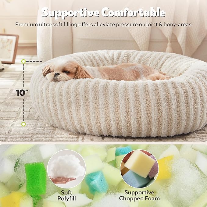 MIXJOY Dog Beds Large Sized Dogs, Washable Dogs Bed with Removable Cover, Cozy Donut Dog Ded Fluffy Plush Faux Fur Pet Bed with Anti-Slip Bottom, 36"x36"x10", White