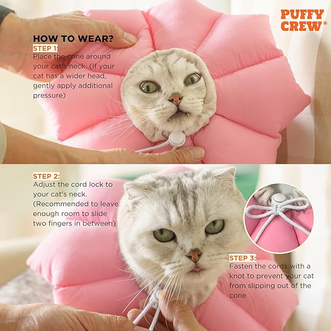 Puffy Crew Soft Cat Cone Collar, Adjustable Waterproof Recovery Collar, Lightweight Elizabethan e Collar for Cats of All Breeds (Pink, Small, Neck Circumference 5.5'' - 8.5'')