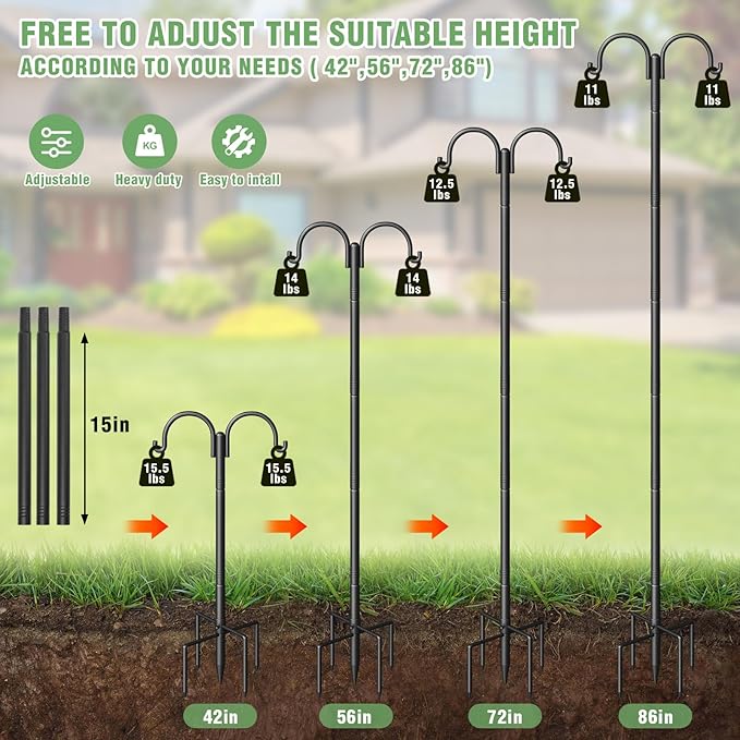 Double Shepherds Hooks for Outdoor, Heavy Duty Bird Feeder Pole with 5-Prong Base - Rust-Proof, Adjustable Bird Feeder Hanger for Garden, Wedding Decor & Hanging Plants