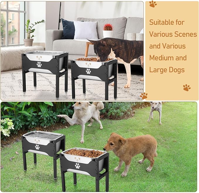 Honeydak 2 Sets Metal Elevated Dog Bowl with Stand Raised Stainless Steel Water Bowl Anti-Slip High Capacity Water Food Stand for Small Medium Large Breed Dog Indoor Outdoor(2.64 Gallons)