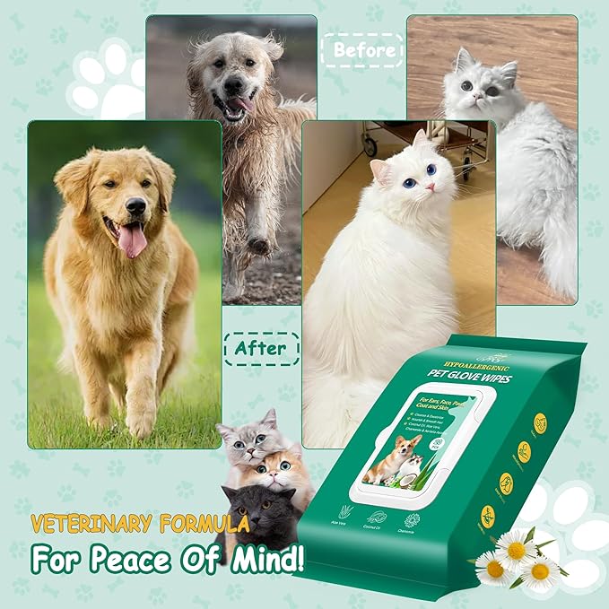 40PCS Pet Cleaning and Deodorizing Grooming Glove Wipes for Dogs and Cats, Extra Thick Nourish Fur No-Rinse Grooming Wipes for Daily Care and Travel, Hypoallergenic