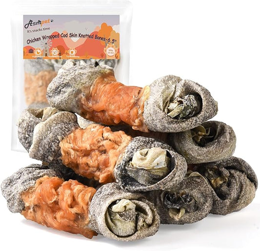 ASMPET Dog Treats Chews, Chicken Wrapped Cod Skin Knotted Bones Rawhide-Free & Grain-Free for Small Medium Large Breeds