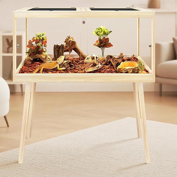 PROLEE Bearded Dragon Tank with Leg,Tempered Glass Lizard Tanks and Reptile Enclosure,Up to 78 Gallon Reptile Tank with Metal Mesh and Lockable Door for Snakes,Chameleon (Oak, 31Gallons,32inch)