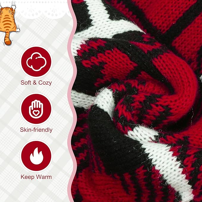 EXPAWLORER Cat Sweater Cardigan - Stylish Knit Cat Clothes, Plaid British Style Soft Puppy Sweater with Sleeve, Warm Pet Clothing Knitwear, Fall Winter Kitten Coat for Girl Boy Cats, Red M