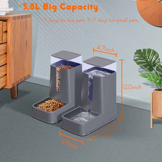 2 Packs Automatic Cat Feeder and Waterer, Gravity Dog Food and Water Dispenser Set for Small Medium Big Pets Cats Dogs Puppy Kitten, 1 Gallon x 2