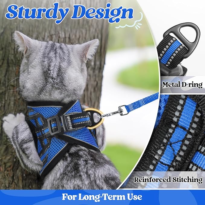rabbitgoo Cat Harness and Leash Set for Walking Escape Proof, Adjustable Soft Kittens Vest with Reflective Strip for Cats, Comfortable Outdoor Vest,Blue,L