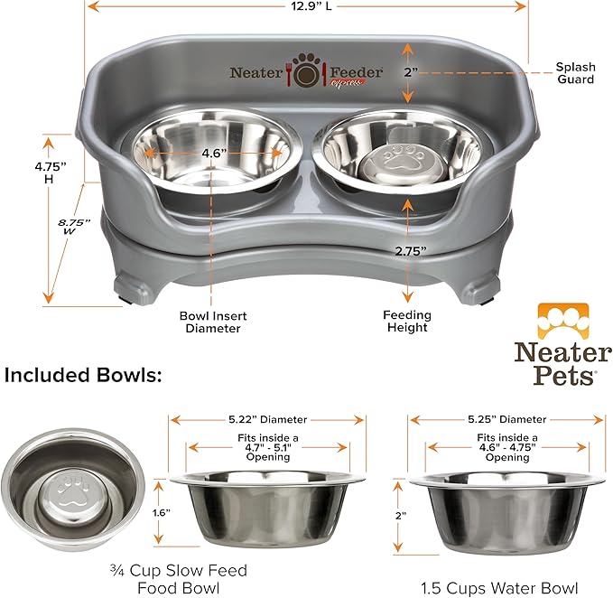 Neater Feeder Express Mess Proof Dog Bowls Elevated for Small Breed – Made in USA – No Spill Raised Slow Feeder Elevated Dog Bowl Stand, Stainless Steel Food and Water Bowl Set, Grey