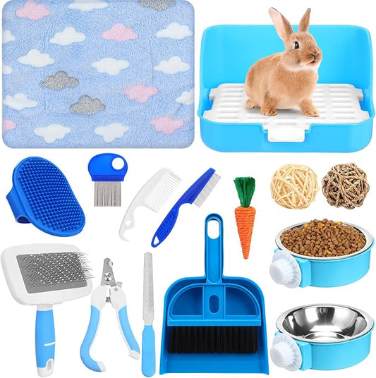 15 Pcs Rabbit Starter Kit Small Rabbit Litter Box Animal Grooming Kit Bunny Toys Bowl Blankets with Cleaning Set for Guinea Pig Accessories (Light Blue)