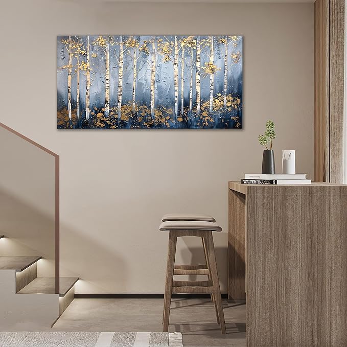 Large White Birch Wall Art Forest Golden Leaves Canvas Living Room Nature Landscape Pictures Framed Prints Oversize Wall Decor Painting Artwork for Bedroom Dining Home 60"x30"