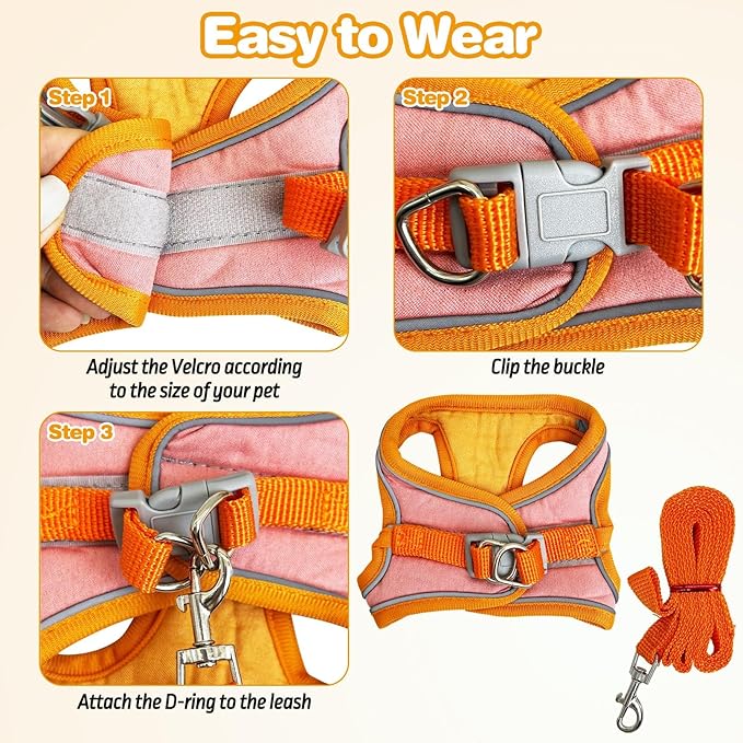 PINVNBY 2 Pack Bunny Hsrness and Leash Set Adjustable Rabbit Harness with Reflective Strips Double Buckle Pet Vest Eescape Proof for Small Rabbit Kitten Puppy Walks Accessories (Orange Pink, M)