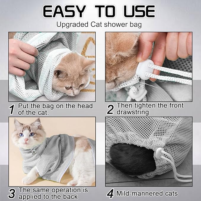 FANOVO Cat Mesh Bathing Bag, Adjustable Cat Bath Bag with Nail Clipper, Bath Brush, Nail File & Comb, Anti-Scratch Shower Bag for Pet Grooming, Bathing & Restraint, Durable Washing Bag for Cats