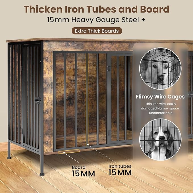 Dog Crate Furniture 78" for 2 Dogs Sturdy Heavy Duty Dog Kennel Solid Metal Tube Thick Wooden with 3 Lockable Doors XXL Double Dog Cage Large Breed as End Table for Large Dogs Rustic Brown