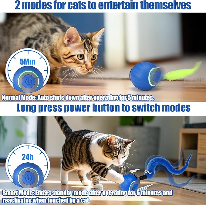 AIERSA Interactive Cat Toys for Indoor Adult Cats, Automatic Self-Play Cat Ball Toy for Kitten to Keep Them Busy, Electric Speed Tail Moving Cat Toy with 3 Tails and 4 Springs (Blue)