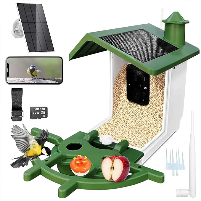 Smart Bird Feeder with Camera Solar Powered, 2K HD Bird Camera Feeder with AI Recognition 11000+ Birds, Night Vision Dual Solar Panels, 32GB SD Card, Outdoor Birdhouse Feeder Hummingbird Feeder