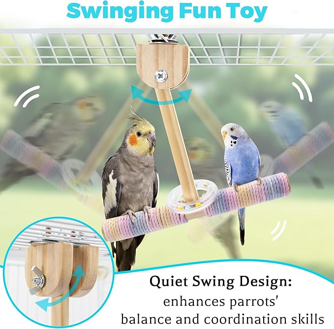 Bird Swing Toys with Rustling Sound, Colorful Cotton Rope Perch for Parrots' Soft Grip, Wooden Parakeet Swing Perch for Balance Training, Swaying Bird Cage Toys for Budgie Cockatiel Lovebird