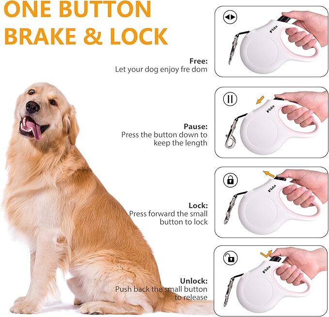 Fida Retractable Dog Leash with Dispenser and Poop Bags, 10 ft Pet Walking Leash for X-Small Dog or Cat up to 18 lbs, Anti-Slip Handle, Tangle Free, Reflective Nylon Tape (XS, White)