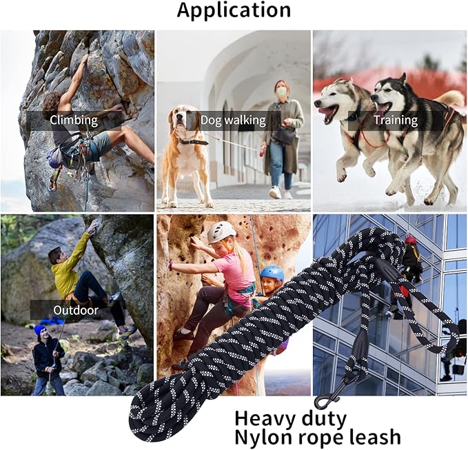 Long Dog Leash for Training 20Ft-Reflective Nylon Rope with Swivel Hook-Recall Agility Lead for Large Small Medium Dogs Outside Walking Hiking-Black Diam 1/2"