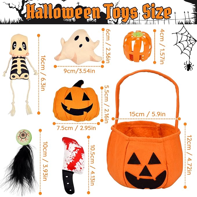 7PCS Halloween Cat Toys, Cat Catnip Toys Plush Teething Toys, Horrible Halloween Cat Ghost Chew Toys for Kitten Cats