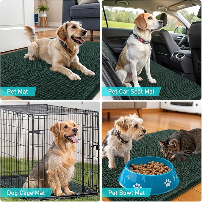 OLANLY Dog Door Mat for Muddy Paws 47x20, Absorbs Moisture and Dirt, Absorbent Non-Slip Washable Doormat, Quick Dry Chenille Mud Mat, Entry Indoor Entryway Carpet for Inside Floor, Blackish Green