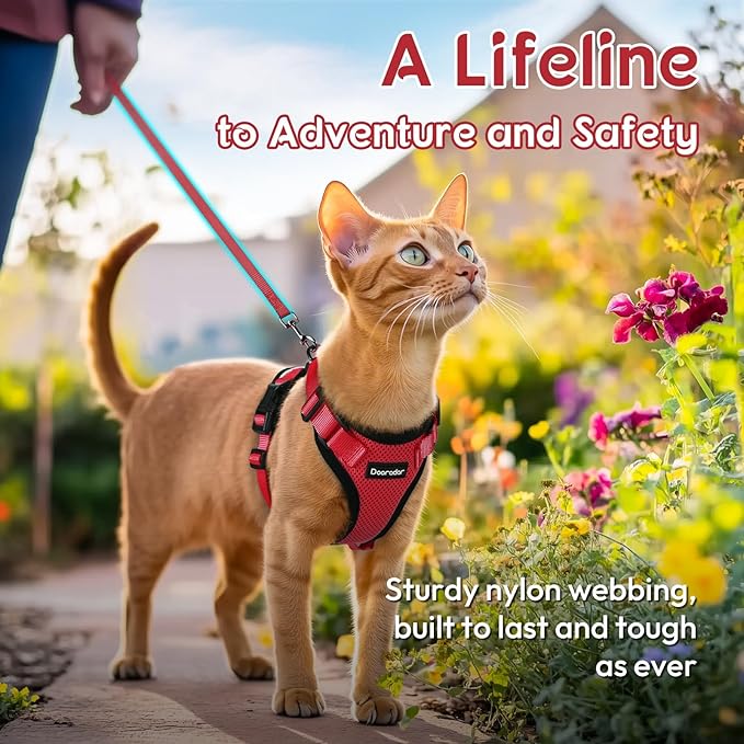 Dooradar Cat Harness and Leash Set, Escape Proof Safe Adjustable Kitten Vest Harnesses for Walking, Easy Control Soft Breathable Mesh Jacket with Reflective Strips for Cats, Red, S