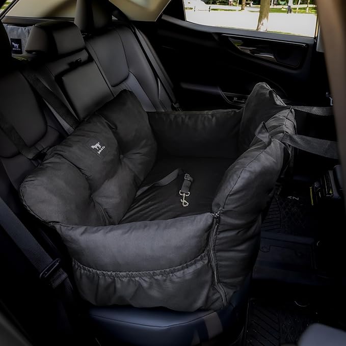 JACKO & CO - Premium Dog Car Seat v2 Booster Seat for Small & Medium Pets Under 40lbs - Machine Washable w Removable Covers, Water Resistant w Clip-On Leash for Back Seat Use (Black/Medium (20-40lbs)