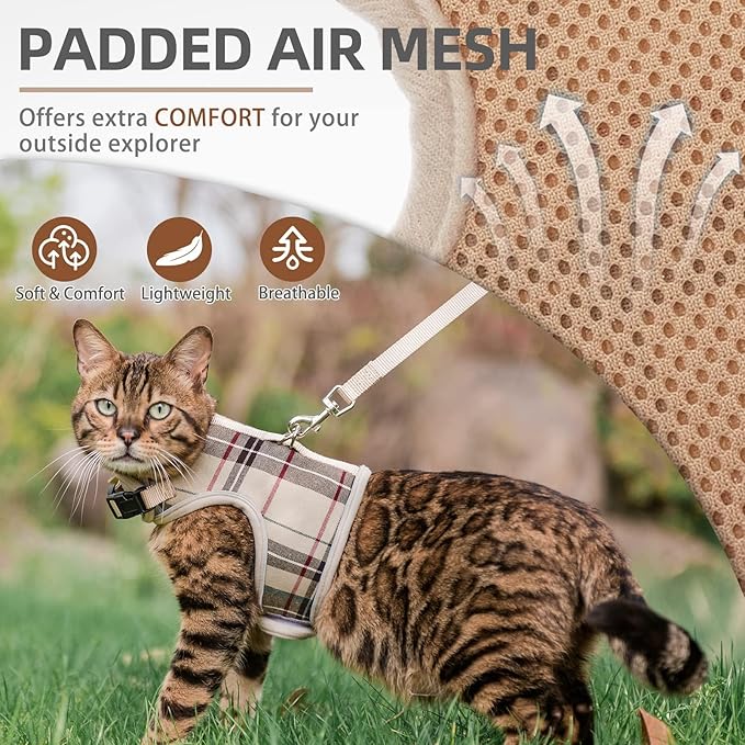 PUPTECK Soft Mesh Cat Vest Harness and Leash Set Puppy Padded Pet Harnesses Escape Proof for Cats Small Dogs Rabbits Bunny, Plaid Beige, L